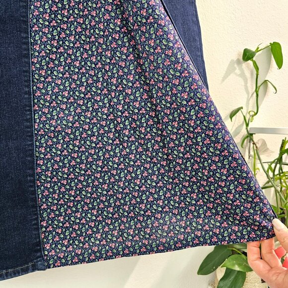 Upcycled Blue Denim Jeans Bohemian Maxi Skirt Sz 12 Hand Sewn With Floral Panels - Picture 2 of 12